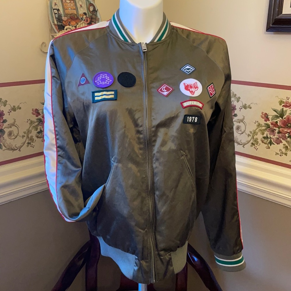Diesel J-Fire reversible bomber jacket multiple embroidered patches cotton blend